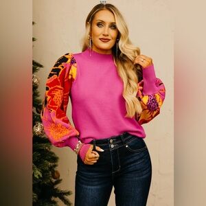 Vibrant Pink Floral Sleeve Women's Sweater